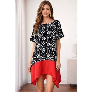 Elizabeth and James 100%‎ Silk Floral Handkerchief Hem Dress Black Red 2